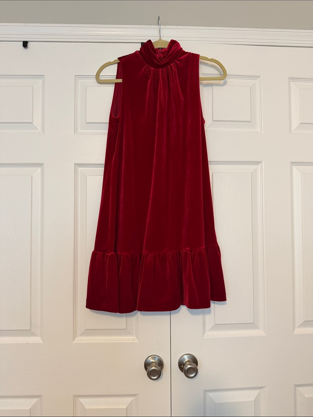 Calvin Klein Red Velvet Sleeveless Dress with Ruffle Hem